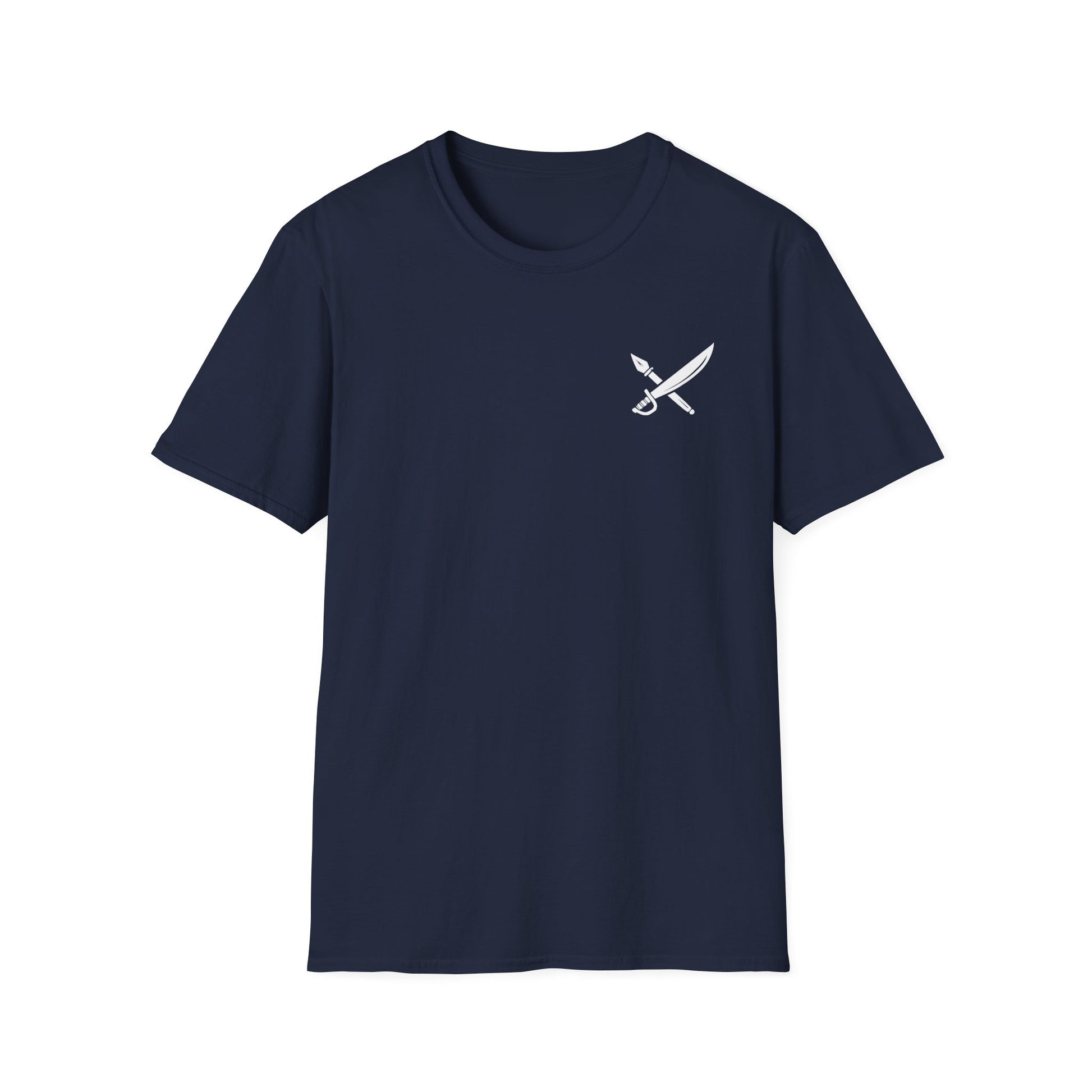 Navy blue t-shirt with a white logo on a white background