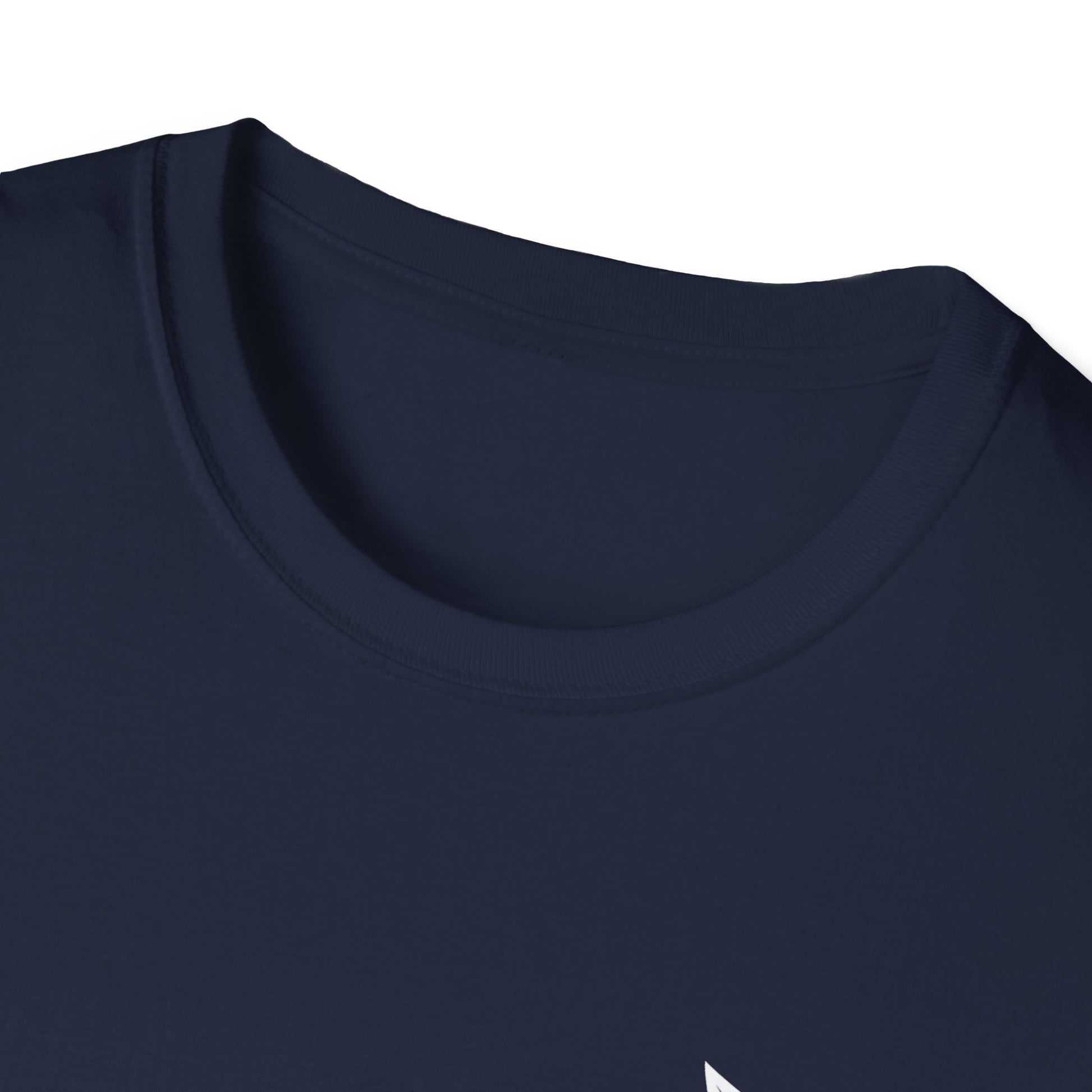Close-up of a navy blue t-shirt collar on a white background