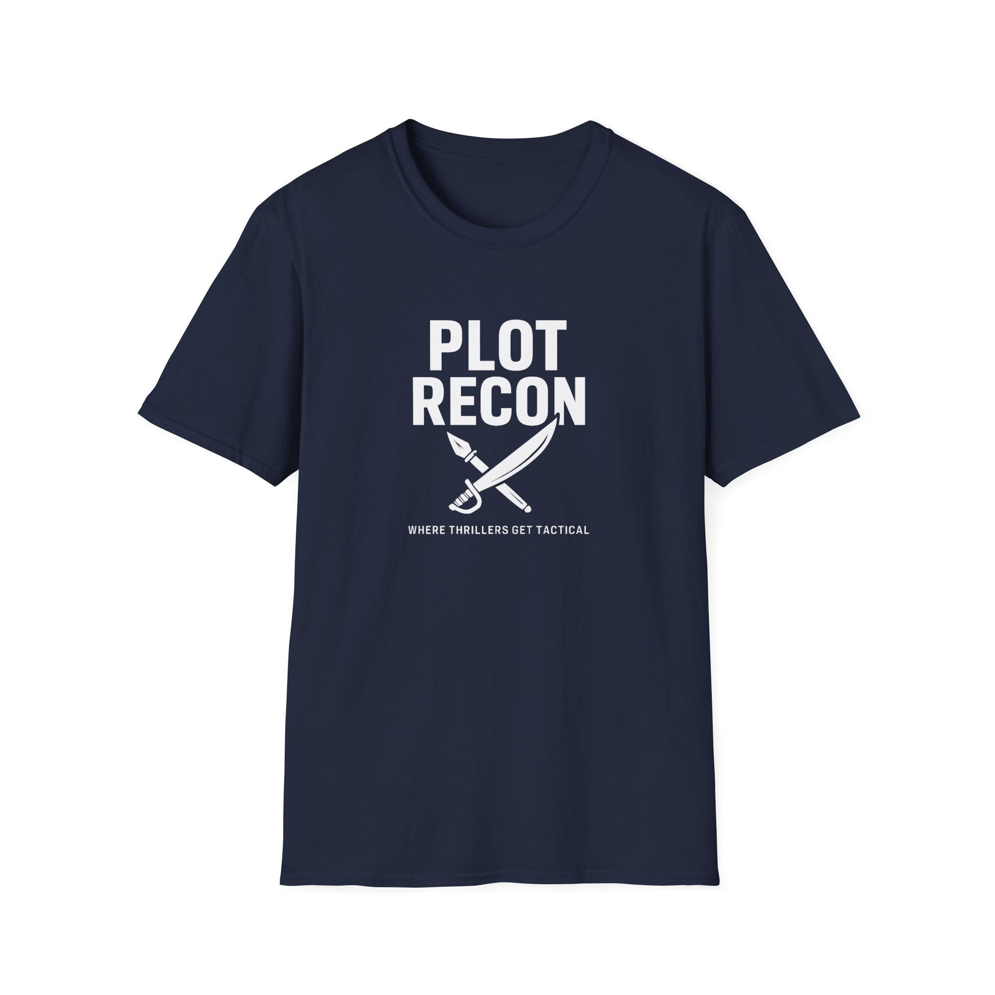 Navy blue t-shirt with 'Plot Recon' text and graphic on a white background