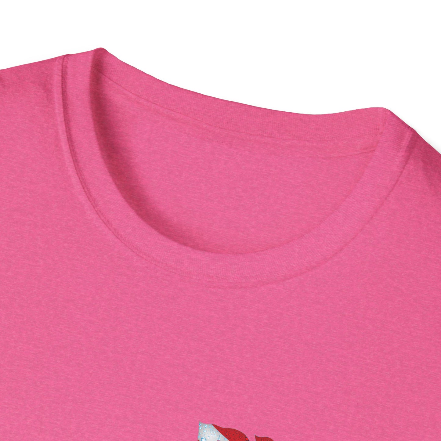 Close-up of a pink shirt with a brand logo on a white background