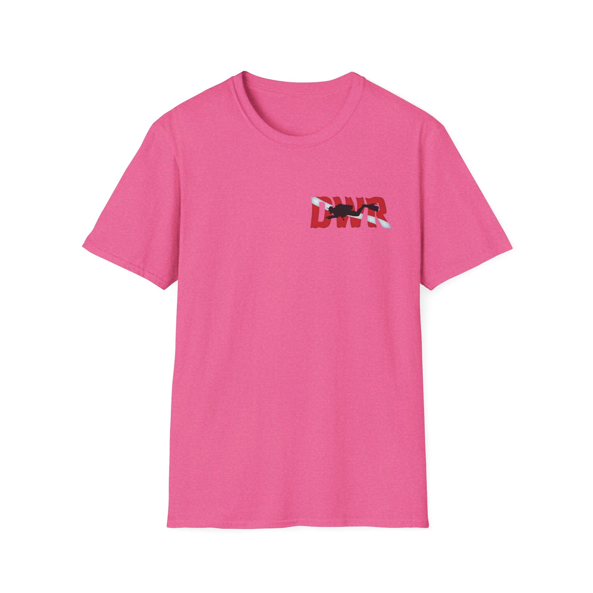 Pink t-shirt with a logo on a white background