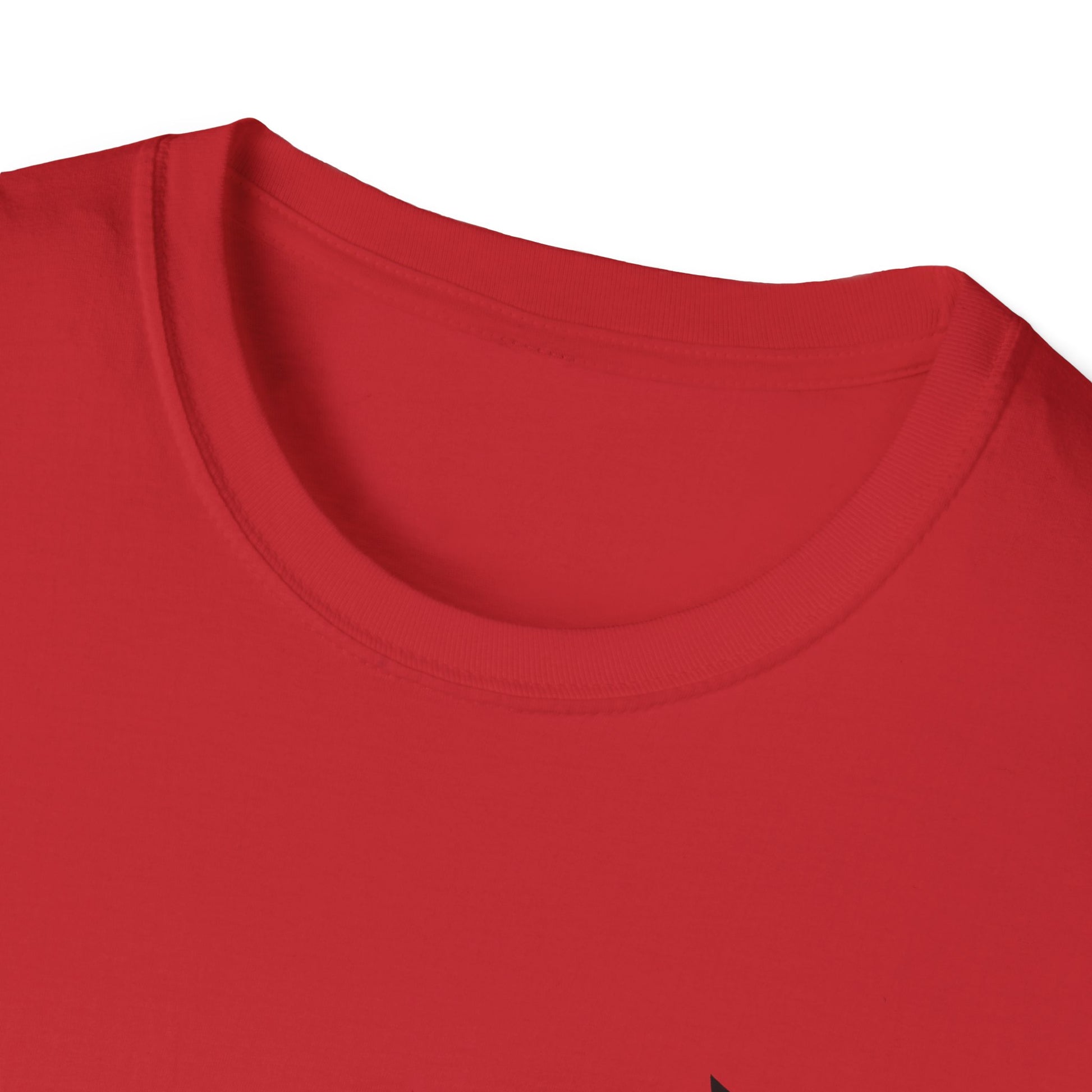 Close-up of a red shirt with a focus on the neckline.