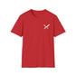 Red t-shirt with a white knife logo on a white background