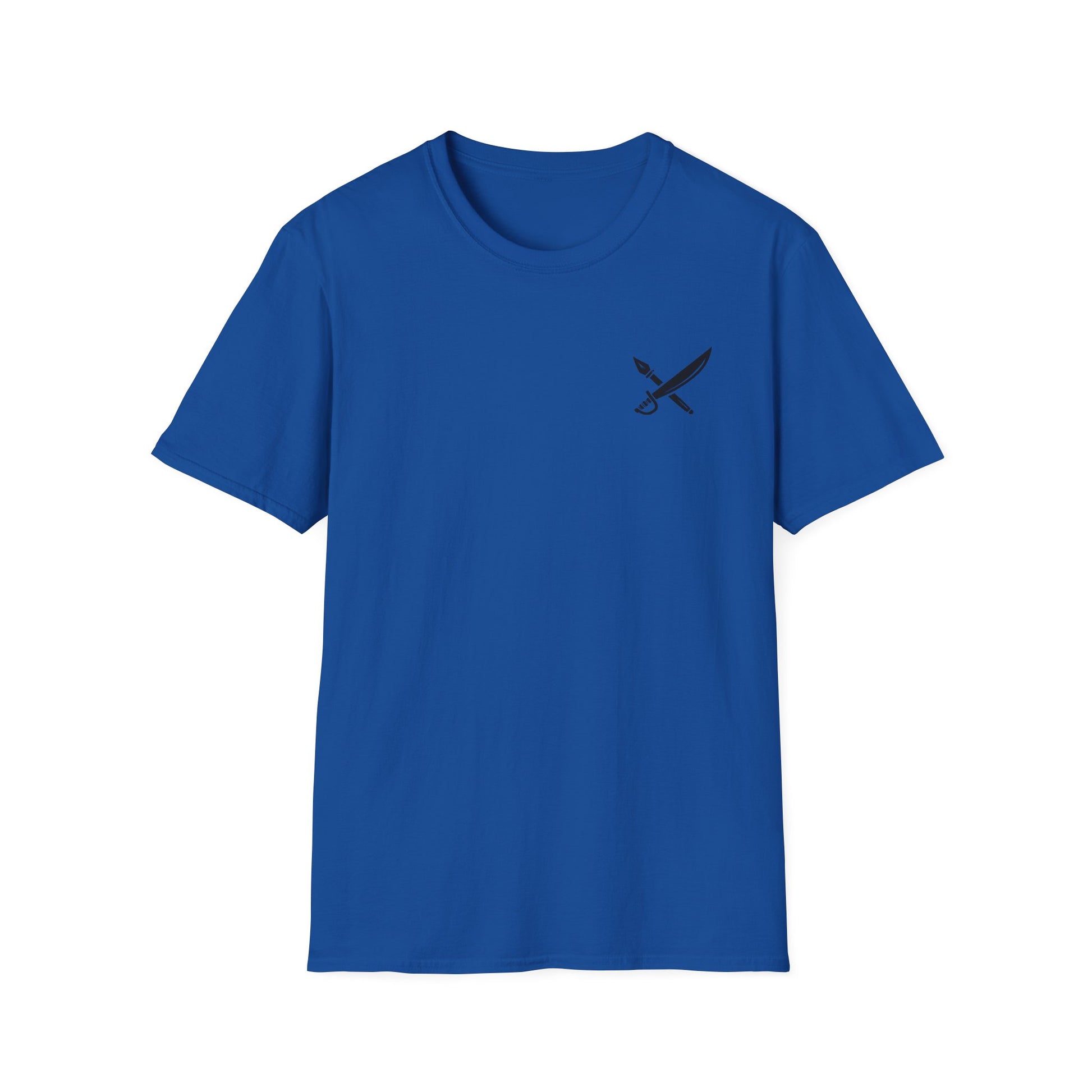 Blue t-shirt with a black logo on a white background