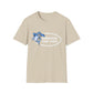 Beige t-shirt with a graphic of a hammerhead shark and text on a white background