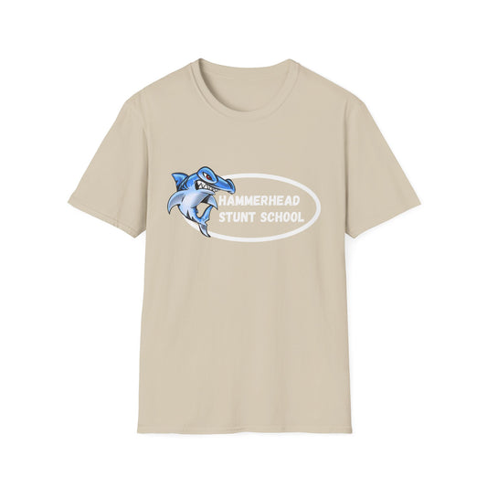 Beige t-shirt with a graphic of a hammerhead shark and text on a white background