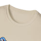 Close-up of a beige sleeveless shirt with a small colorful logo on the corner.