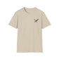 Beige t-shirt with a small black logo on a white background