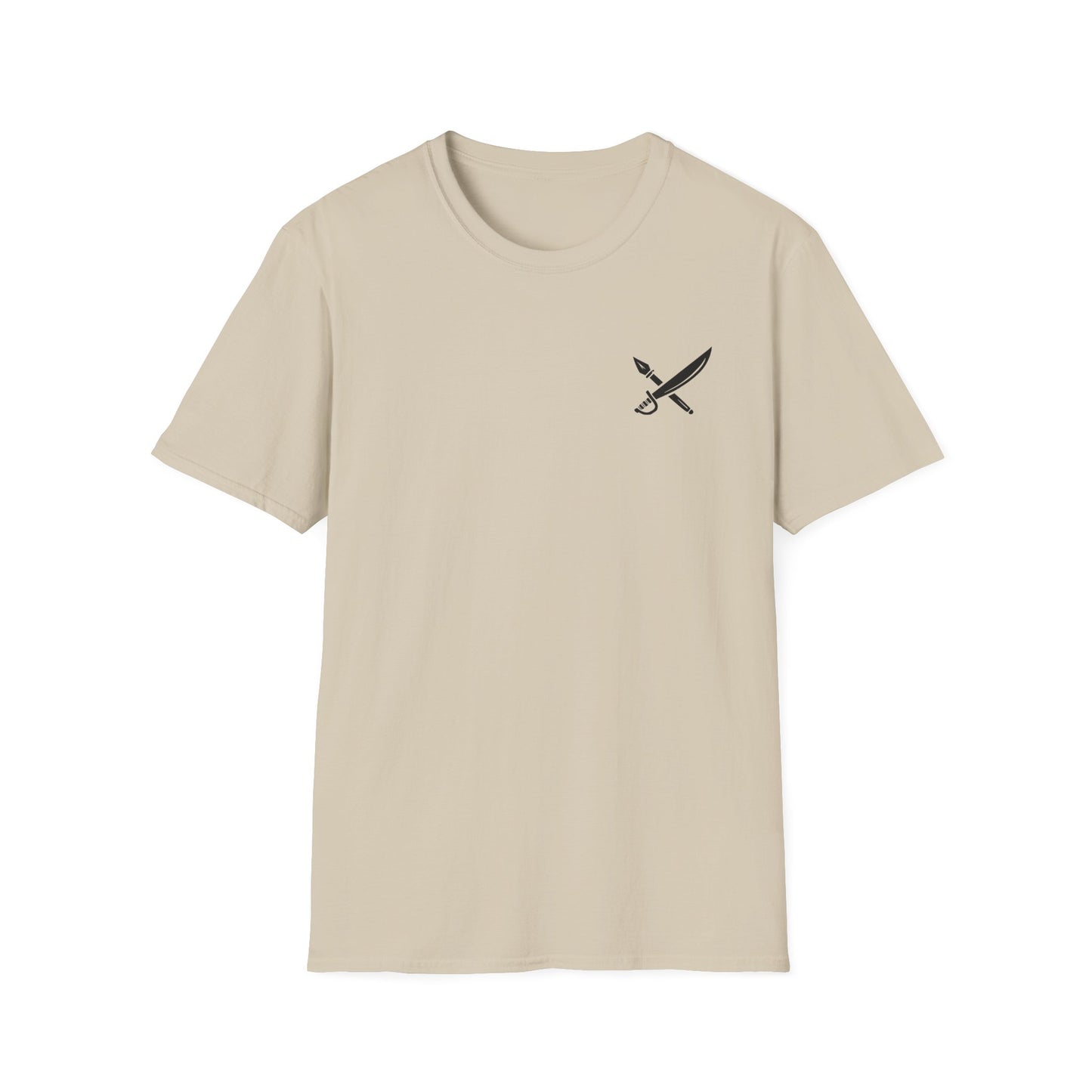 Beige t-shirt with a small black logo on a white background