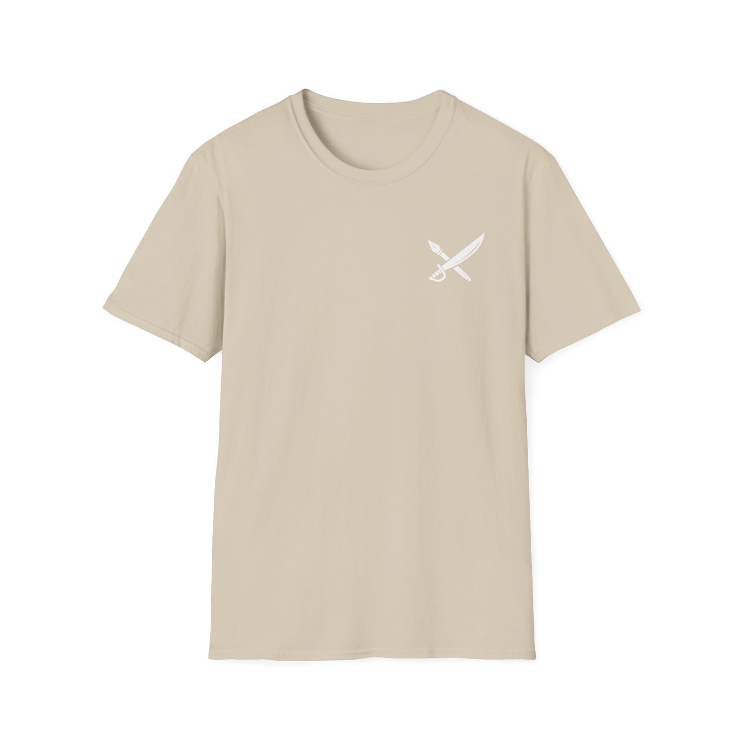 Beige t-shirt with a white logo on a white background