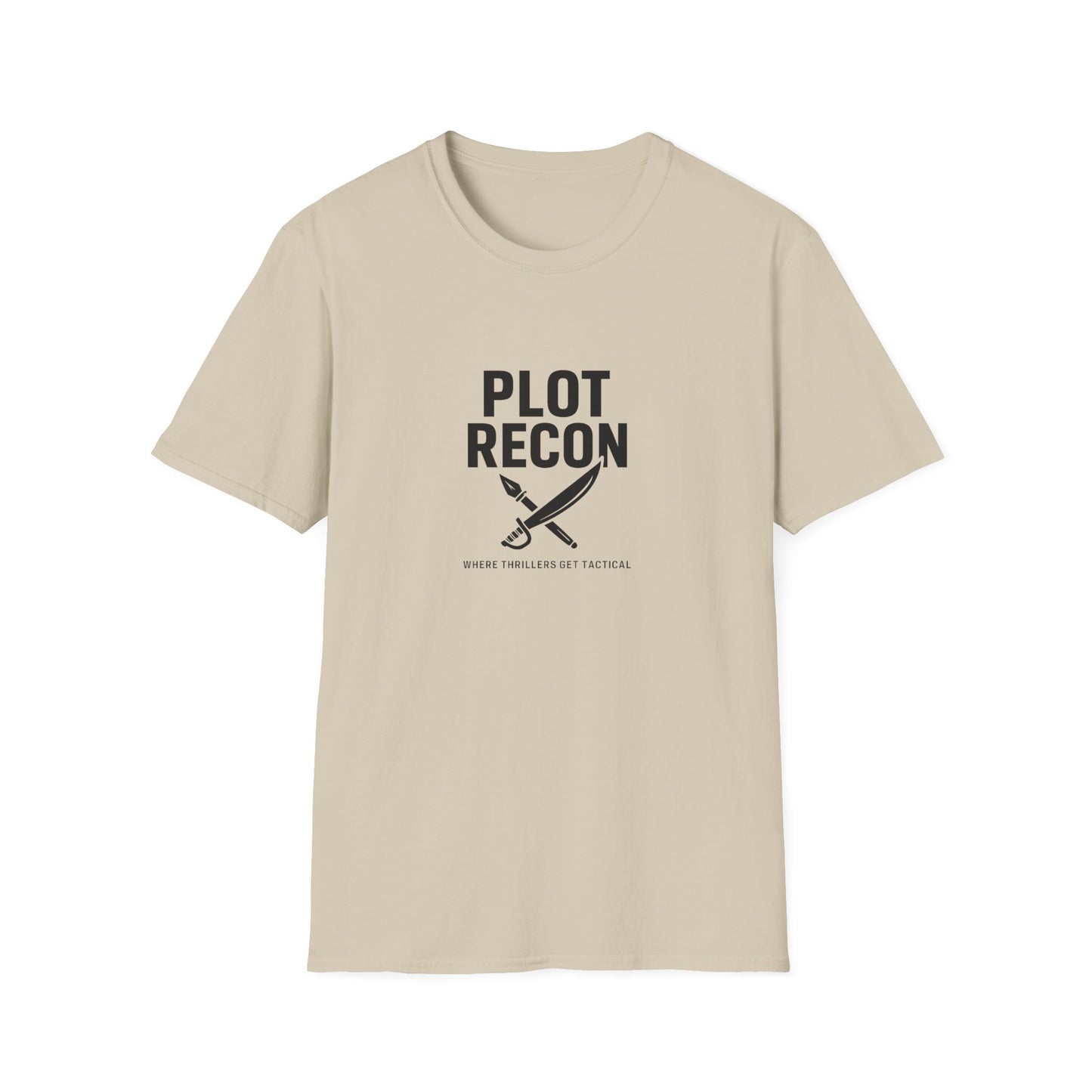 Beige t-shirt with 'Plot Recon' text and graphic on a white background