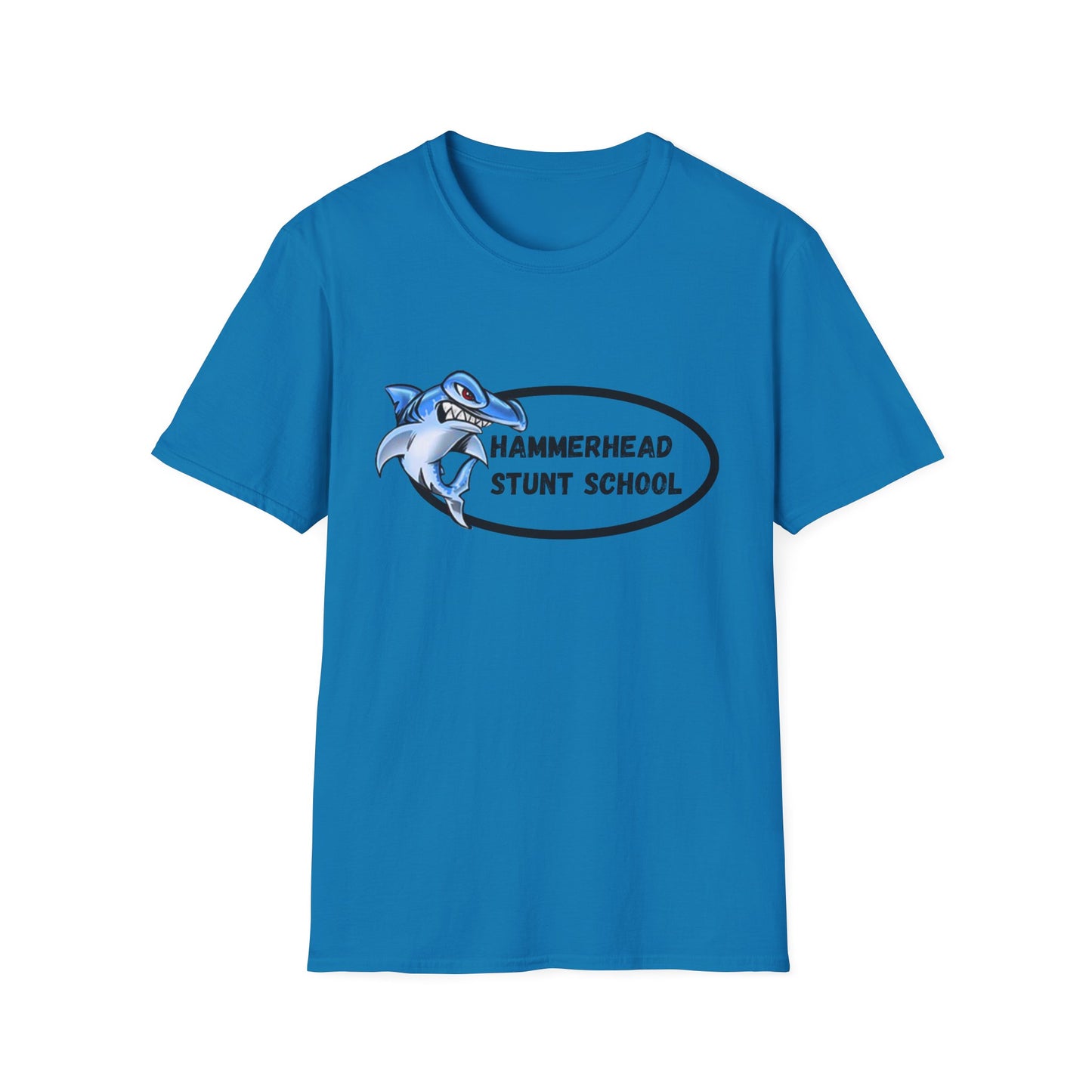 Blue t-shirt with a graphic of a hammerhead shark and text 'Hammerhead Stunt School' on a white background.