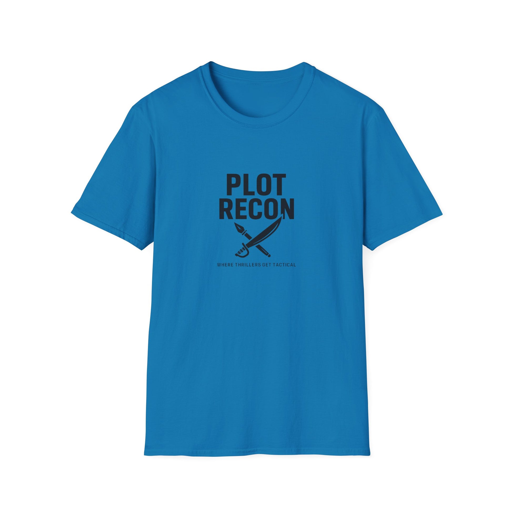 Blue t-shirt with 'PLOT RECON' text and graphic on a white background