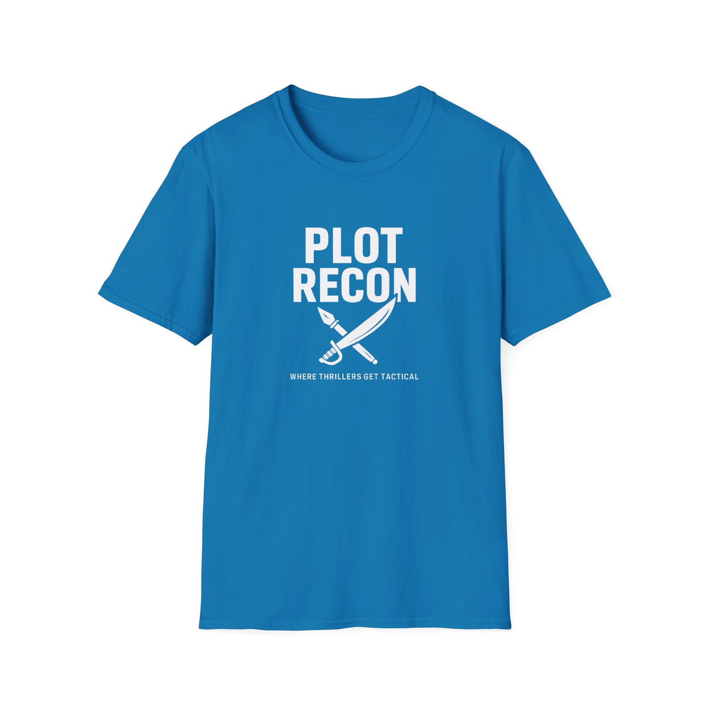 sapphire Blue t-shirt with 'Plot Recon' text and graphic on a white background