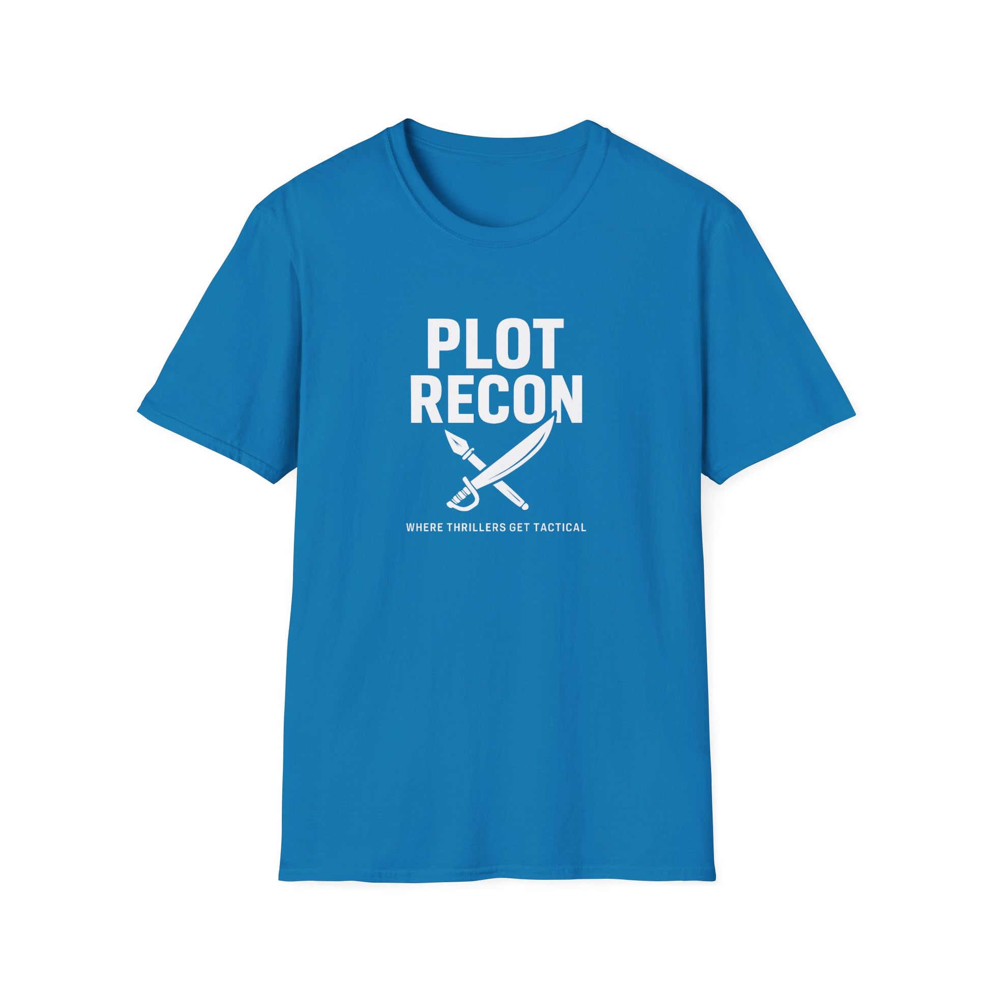sapphire Blue t-shirt with 'Plot Recon' text and graphic on a white background