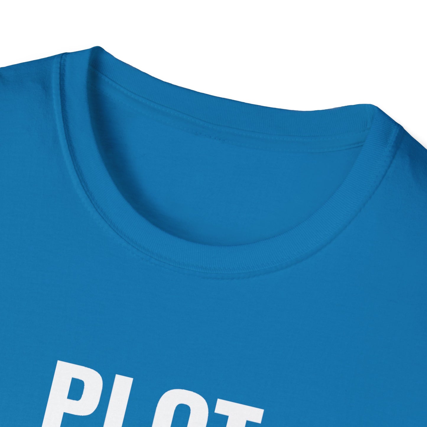 Close-up of a blue shirt with 'PILOT' text on a white background
