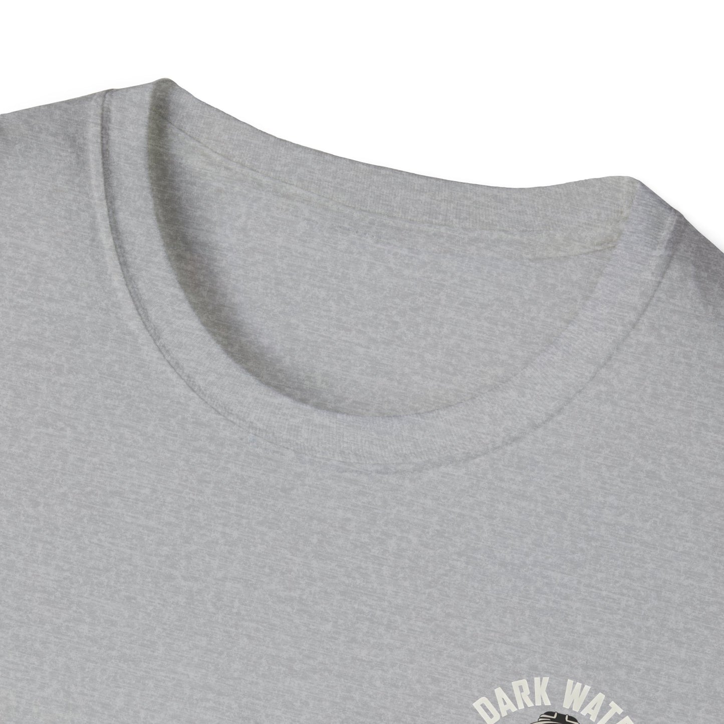 Close-up of a gray shirt with 'Dark Water' branding on a white background