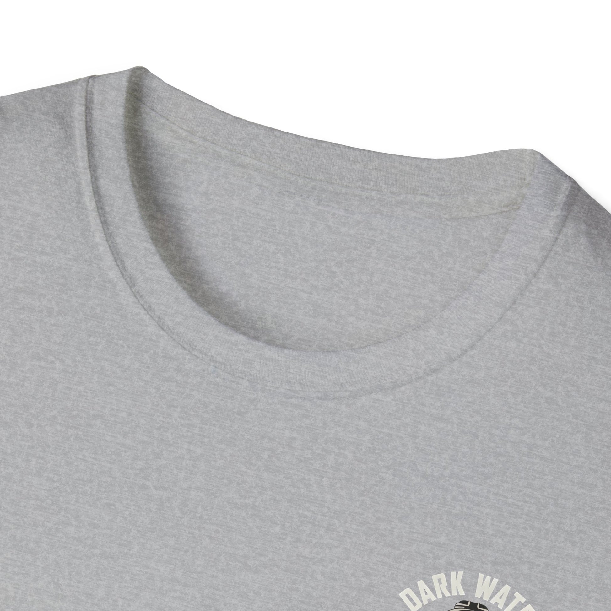 Close-up of a gray shirt with 'Dark Water' branding on a white background