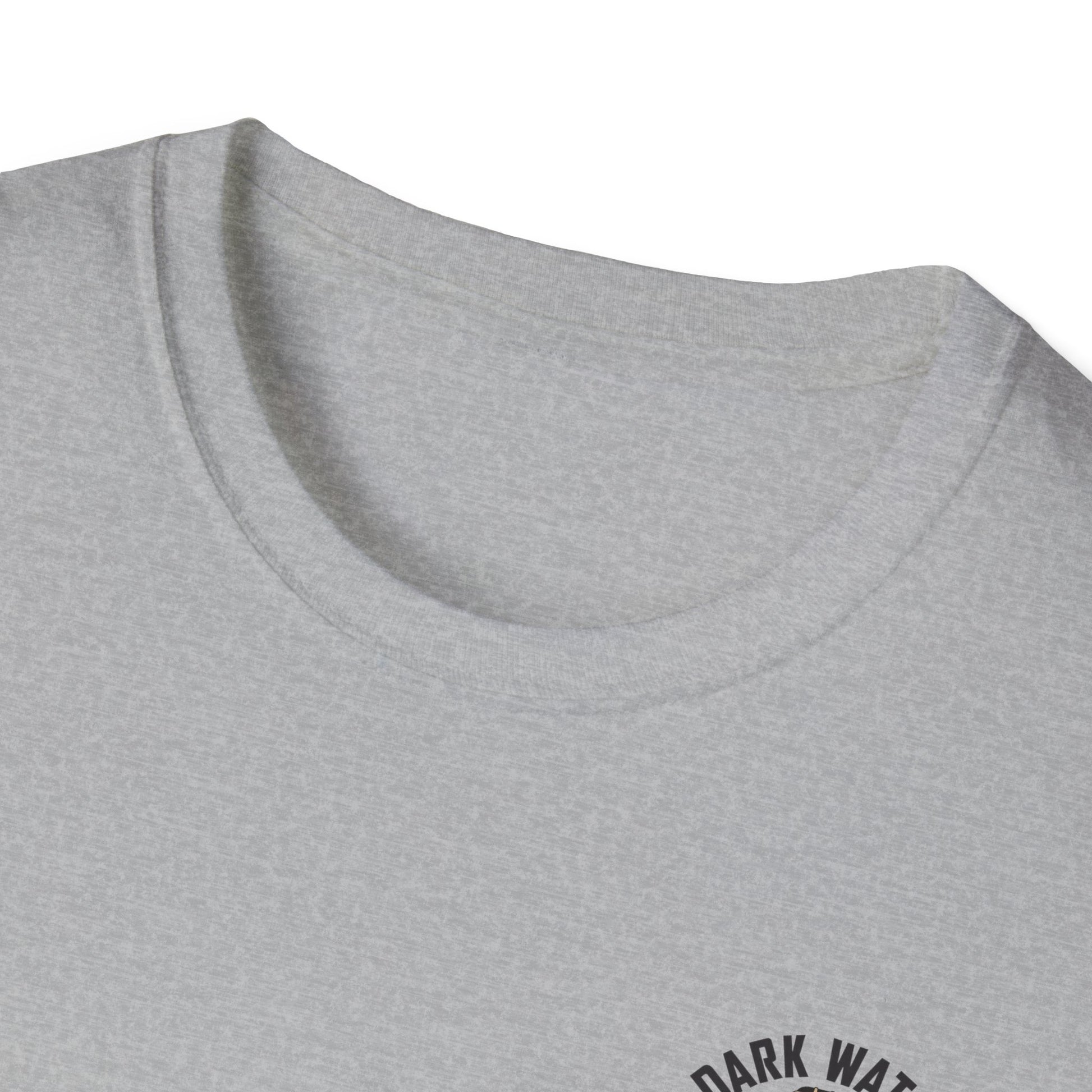 Close-up of a gray t-shirt with a logo on the collar area.