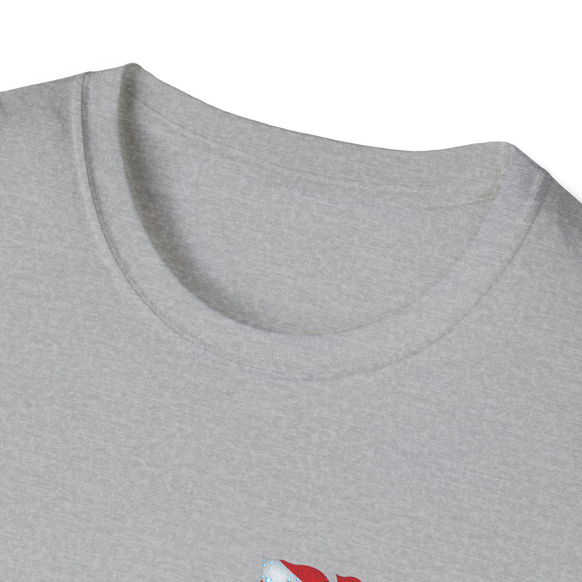 Close-up of a gray t-shirt with a brand logo on a white background
