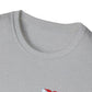 Close-up of a gray t-shirt with a brand logo on a white background