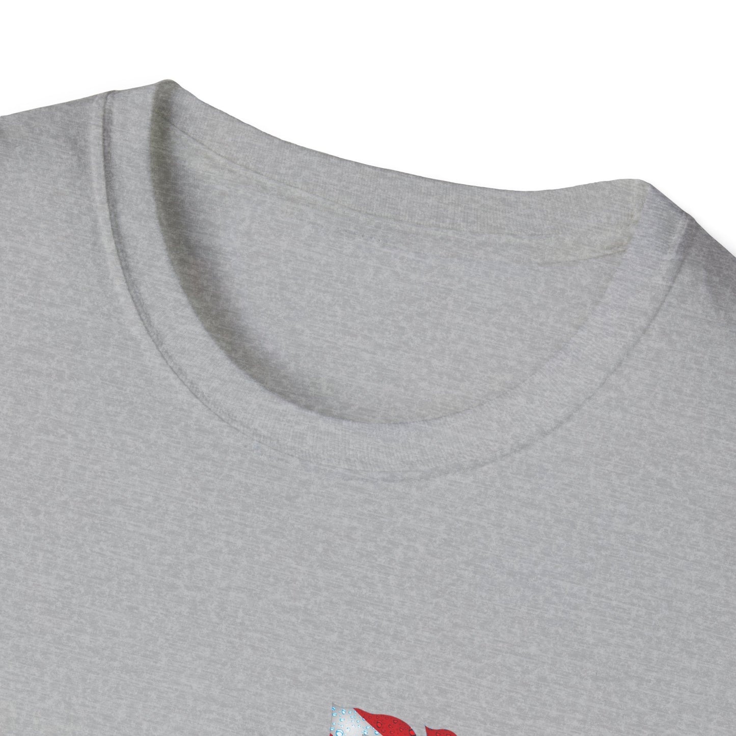 Close-up of a gray t-shirt with a brand logo on a white background