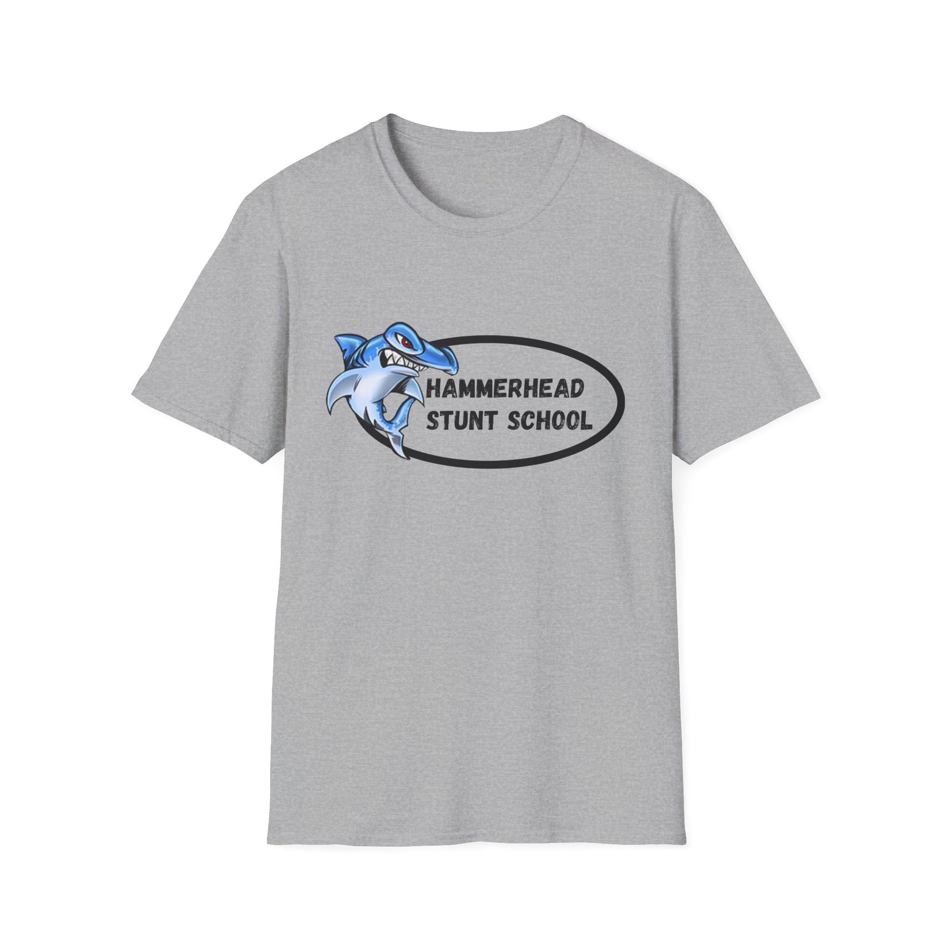 Gray t-shirt with a blue shark graphic and text on a white background