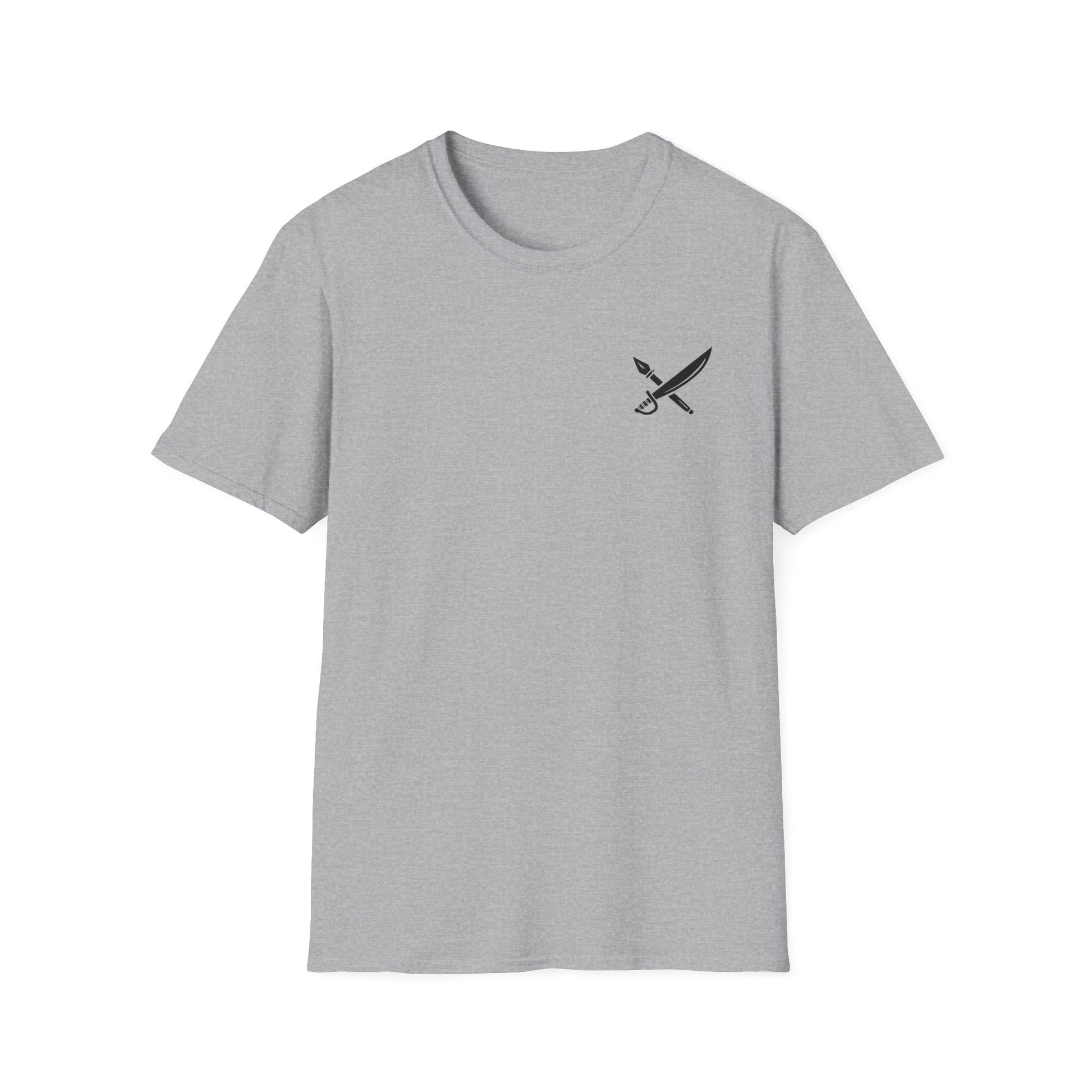 Gray t-shirt with a small logo on a white background