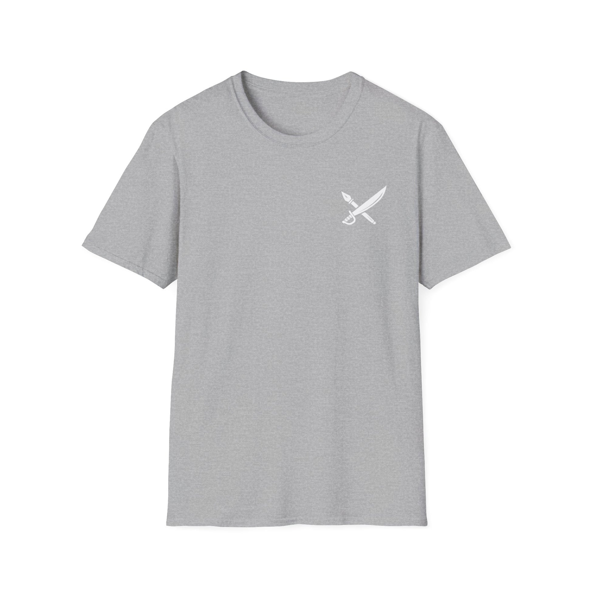 Gray t-shirt with a white logo on a white background