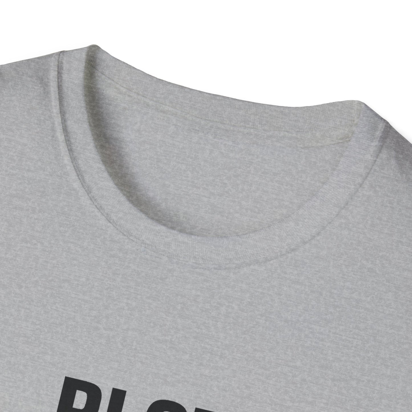 Gray t-shirt with 'BLOOM' text on a white background
