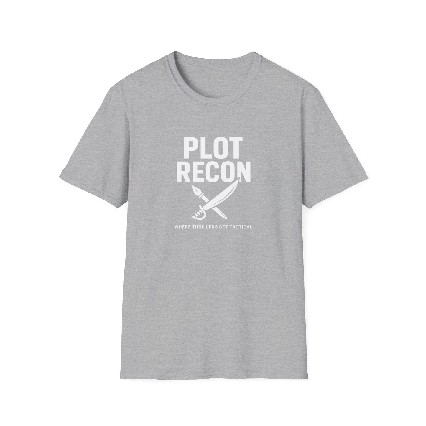 Gray t-shirt with 'Plot Recon' text and graphic on a white background