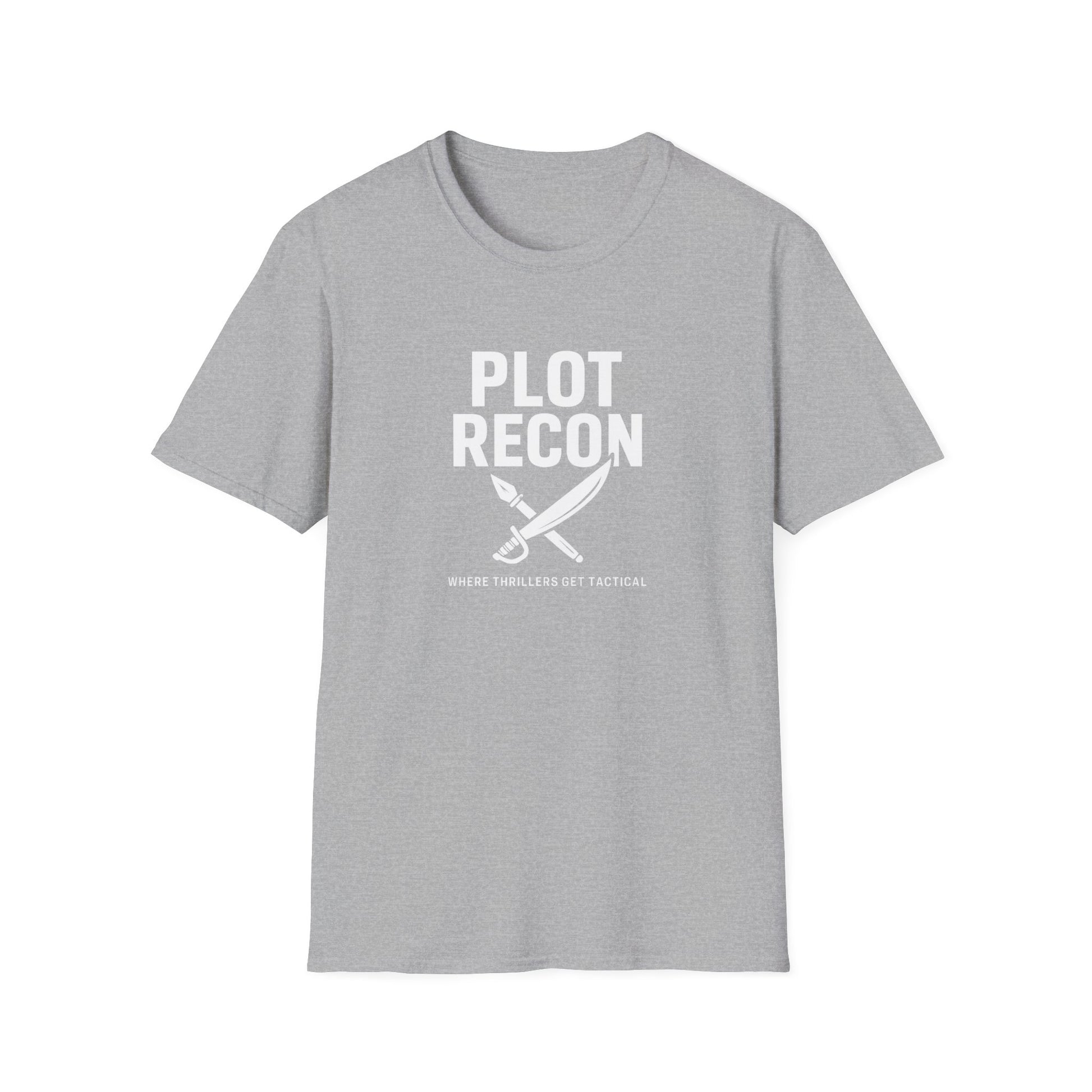 Gray t-shirt with 'Plot Recon' text and graphic on a white background