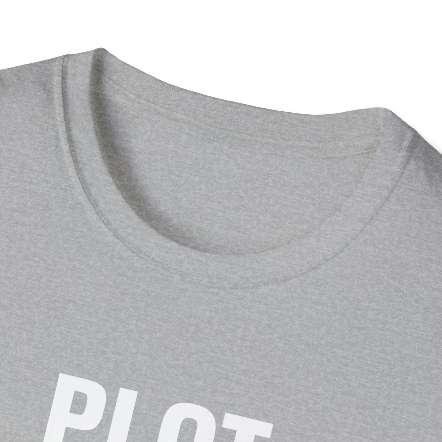 Gray t-shirt with 'Plot Recon' text on a white background