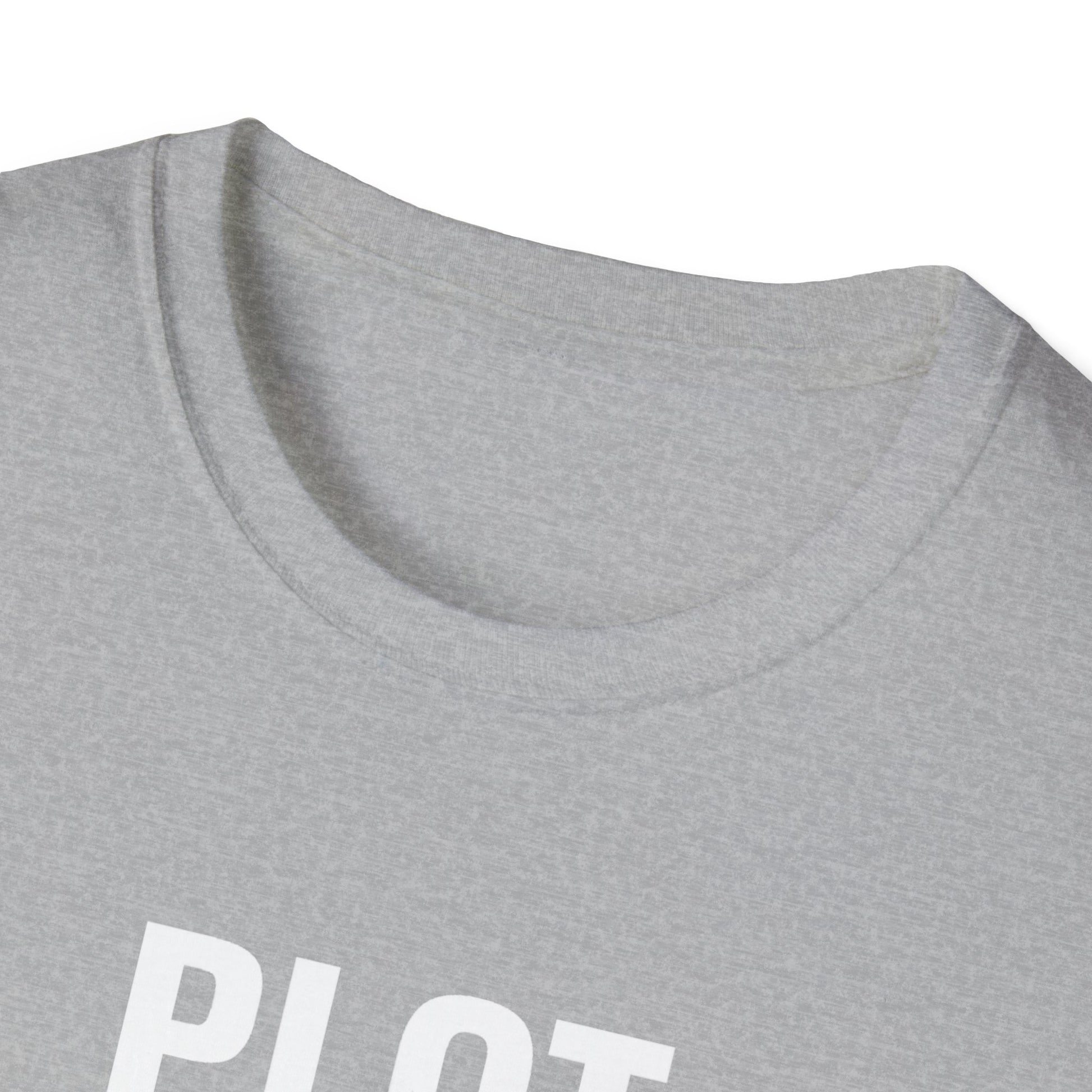 Gray t-shirt with 'Plot Recon' text on a white background