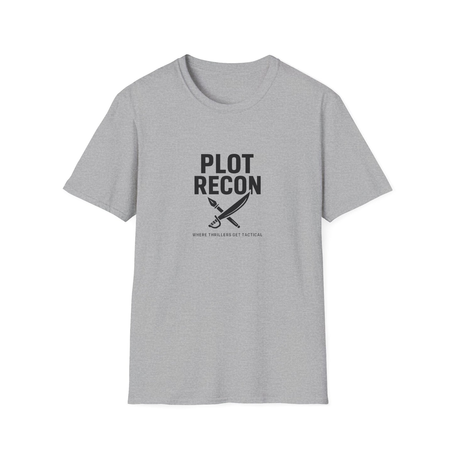 Gray t-shirt with 'Plot Recon' text and graphic on a white background