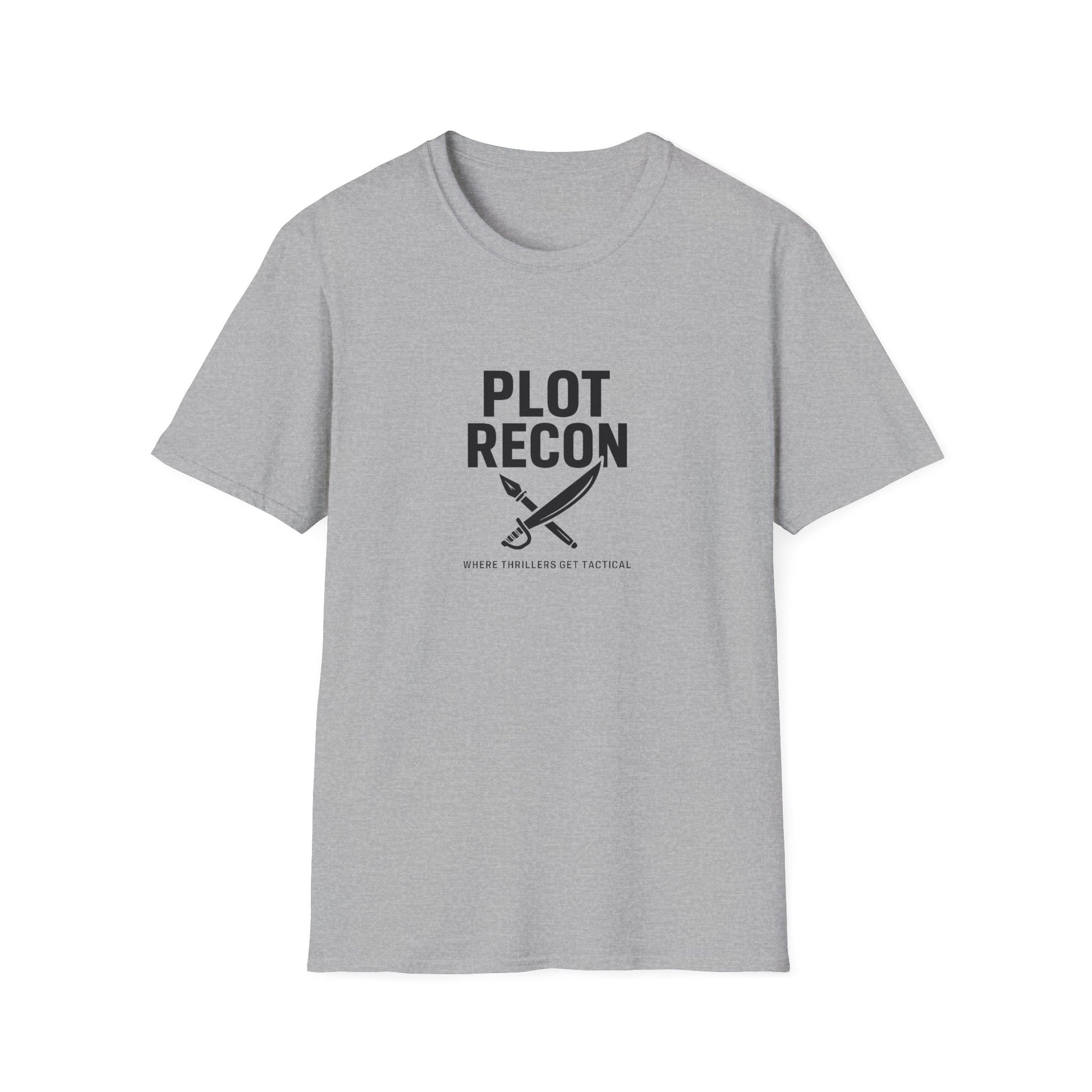 Gray t-shirt with 'Plot Recon' text and graphic on a white background