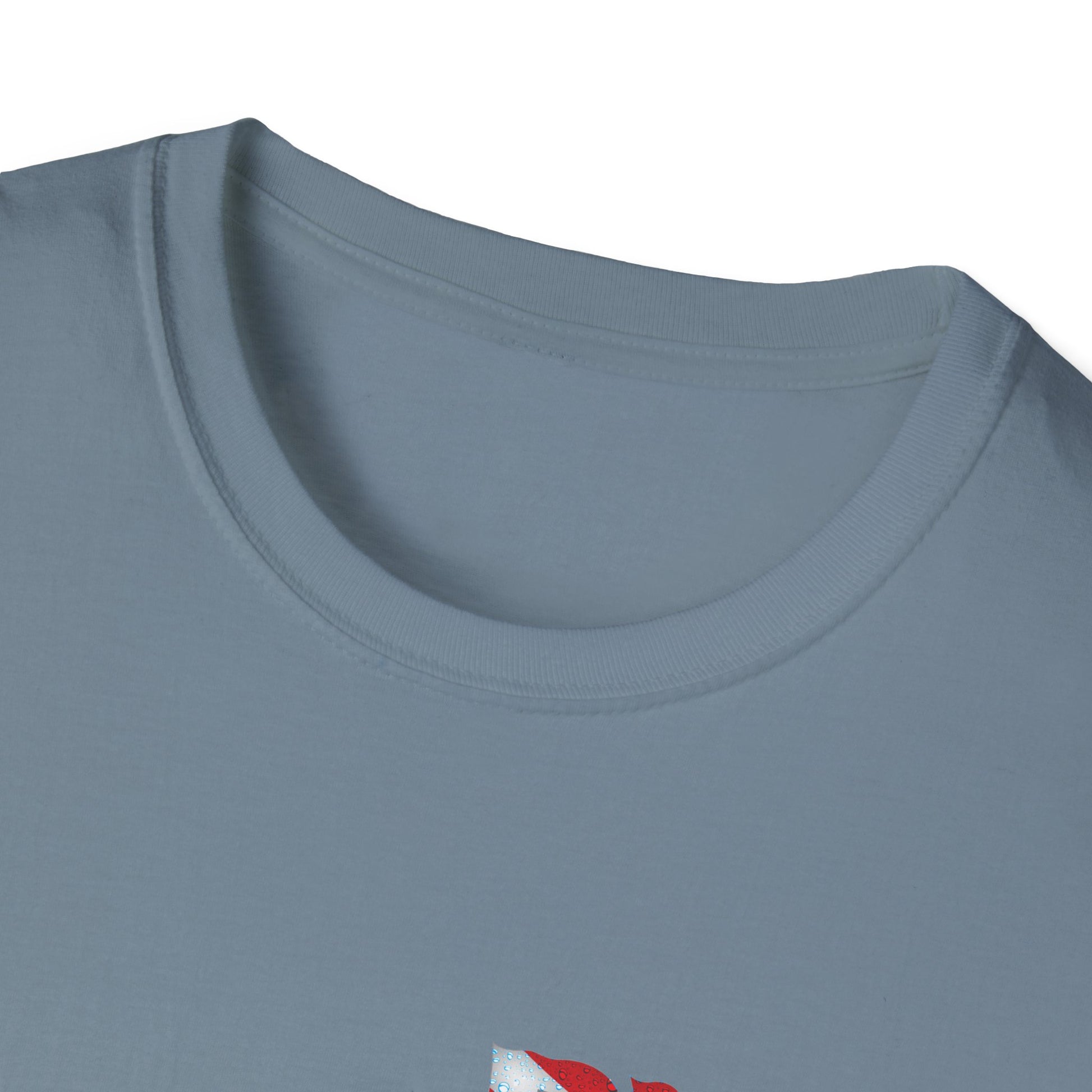 Close-up of a gray t-shirt with a brand logo on a white background