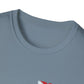 Close-up of a gray t-shirt with a brand logo on a white background