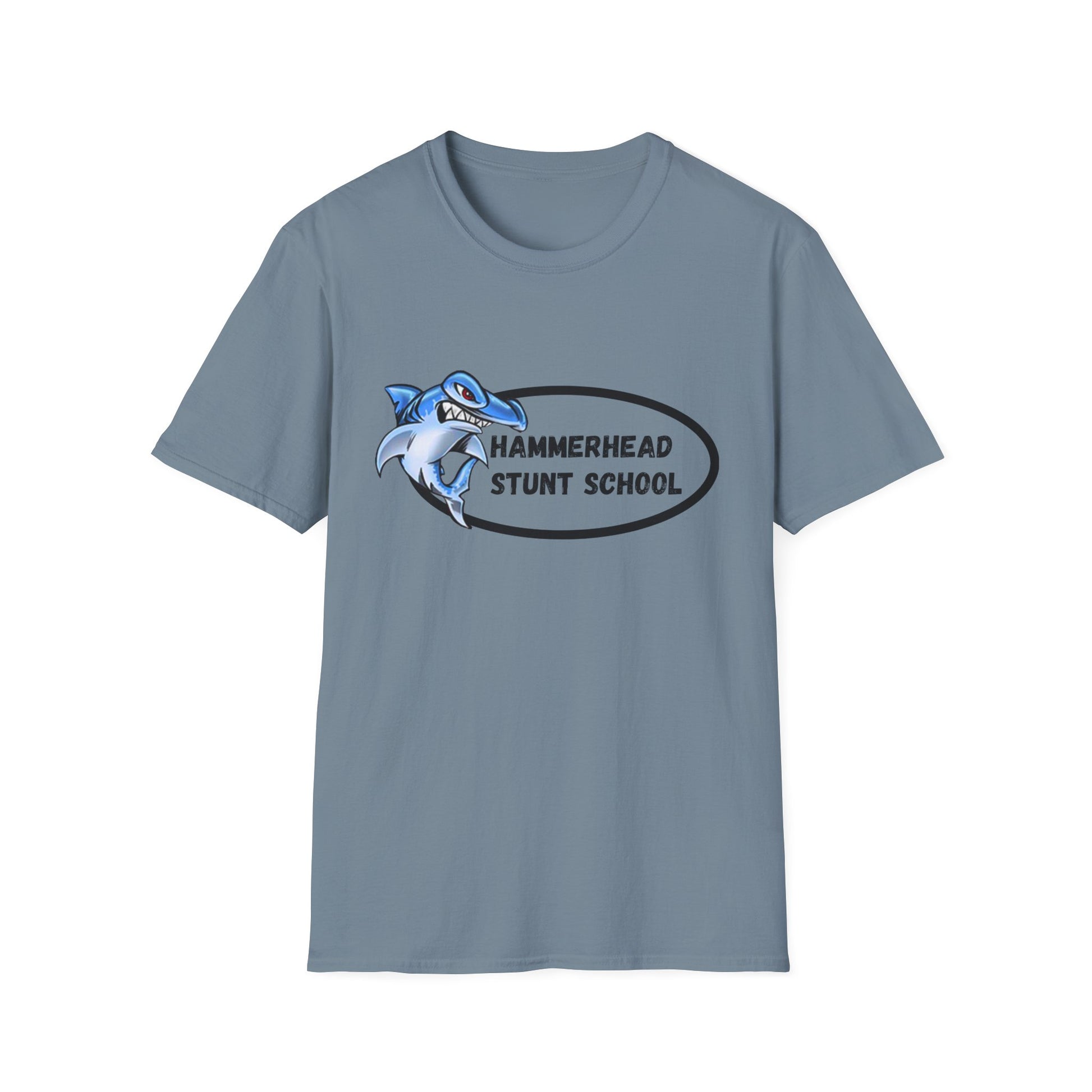 Gray t-shirt with a blue shark graphic and text on a white background