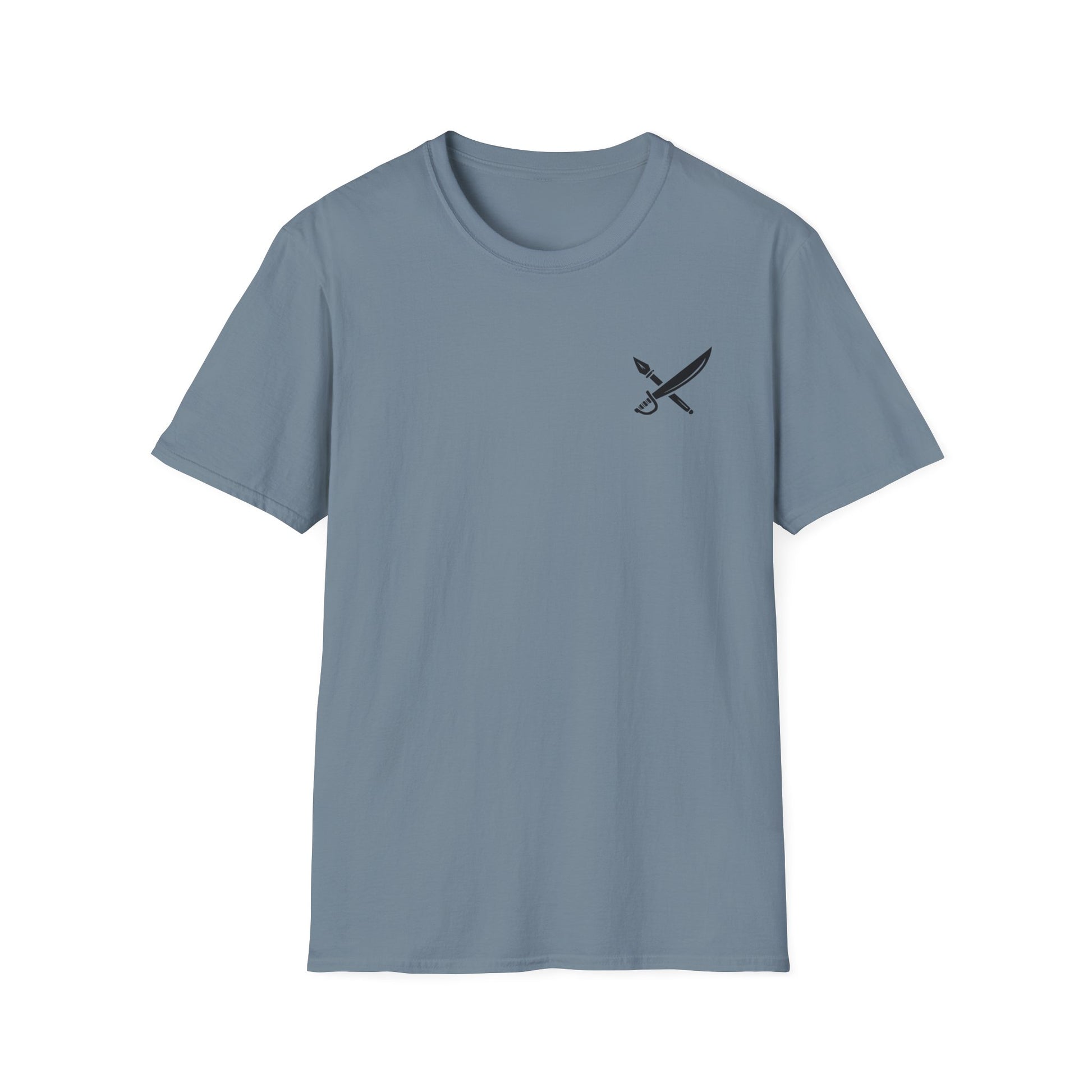 Blue t-shirt with a small graphic on a white background