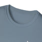 Close-up of a blue t-shirt collar on a white background