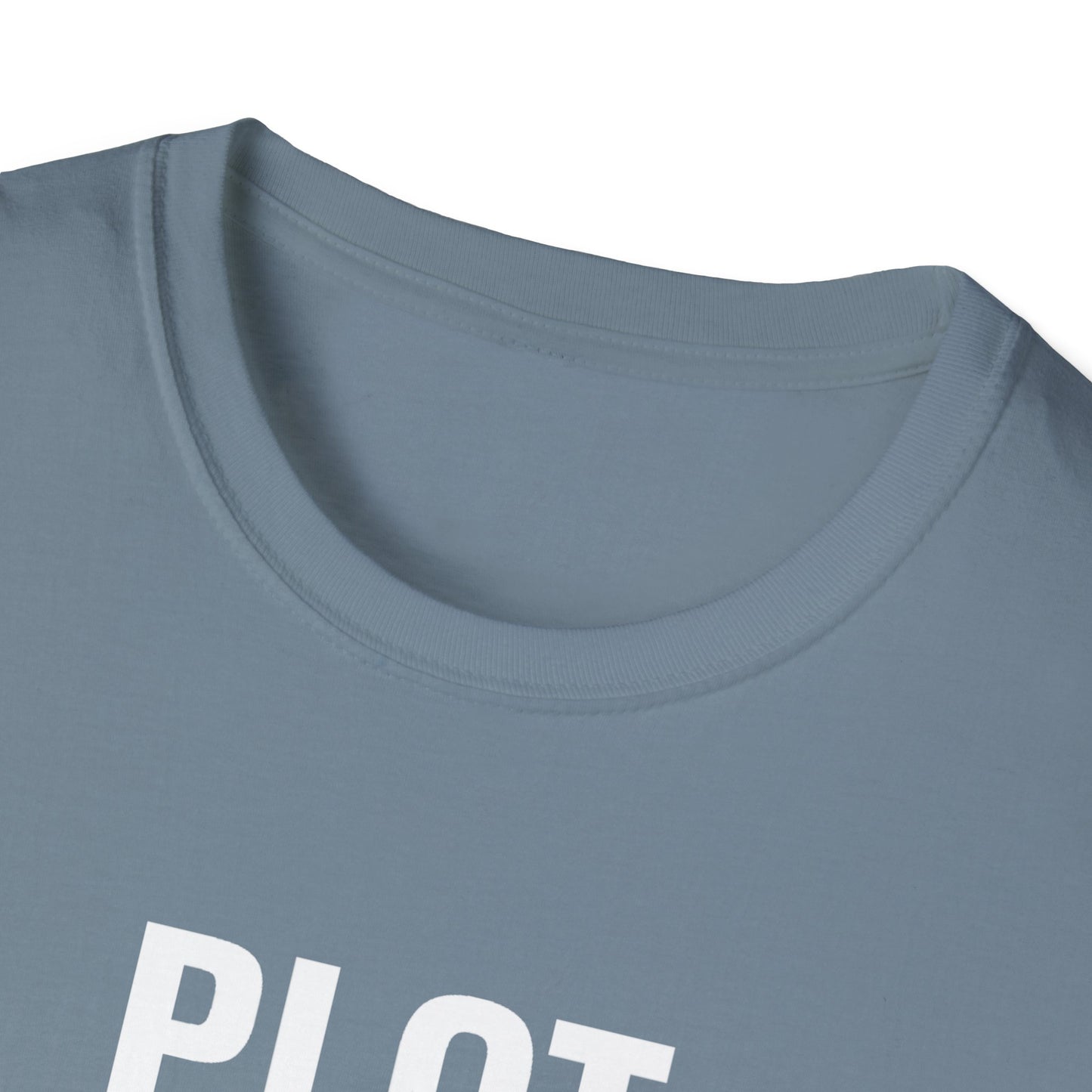 Close-up of a blue shirt with Plot Recon text on a white background