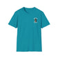 Teal t-shirt with a small logo on the chest against a white background