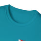 Close-up of a turquoise t-shirt with a small red and white logo on a white background