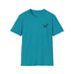 Teal t-shirt with a small logo on a white background