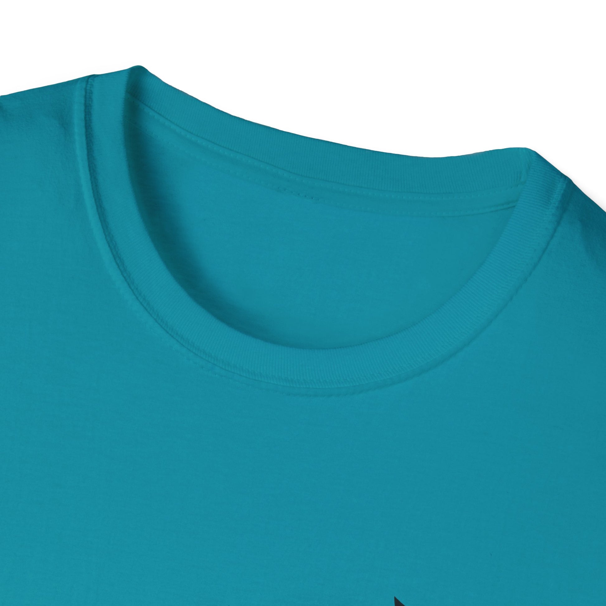 Close-up of a teal t-shirt with a focus on the neckline.