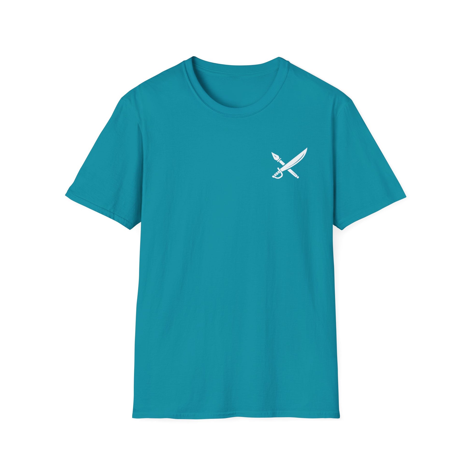 Teal t-shirt with a white logo on a white background