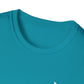 Close-up of a teal t-shirt with a visible brand logo on a white background