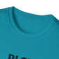 Close-up of a turquoise t-shirt with text on a white background