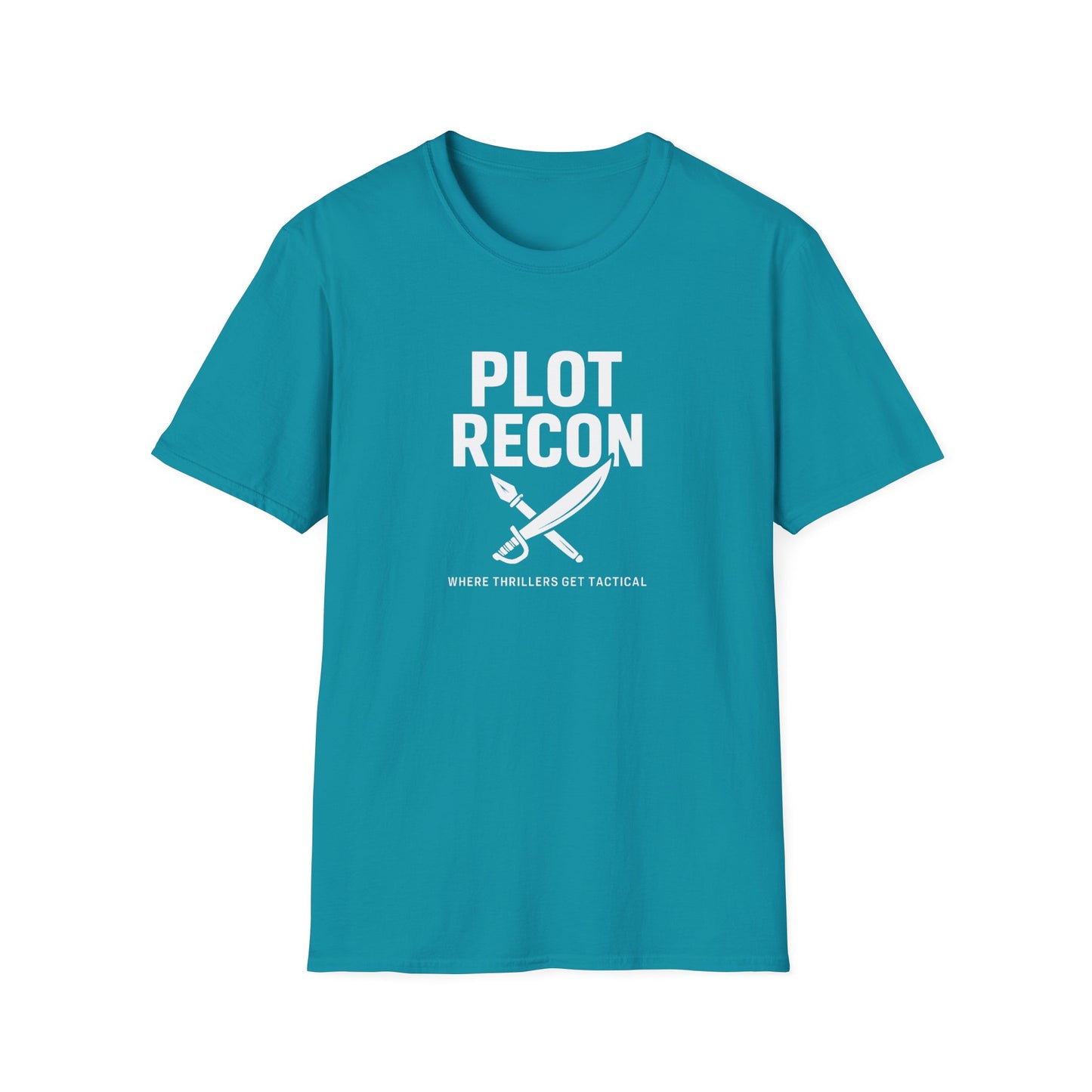 Blue t-shirt with 'Plot Recon' text and graphic on a white background